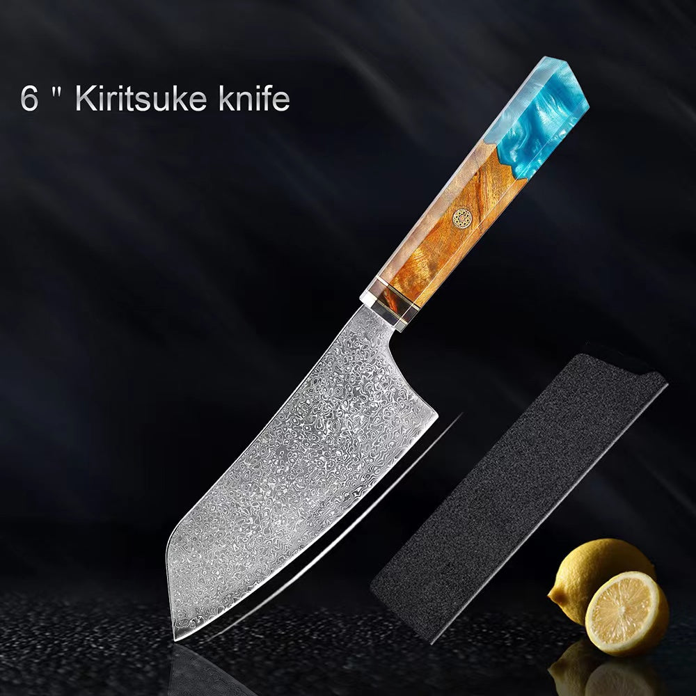 shāpu シャープ  Japanese Damascus Steel Knife With Blue Resin Handle