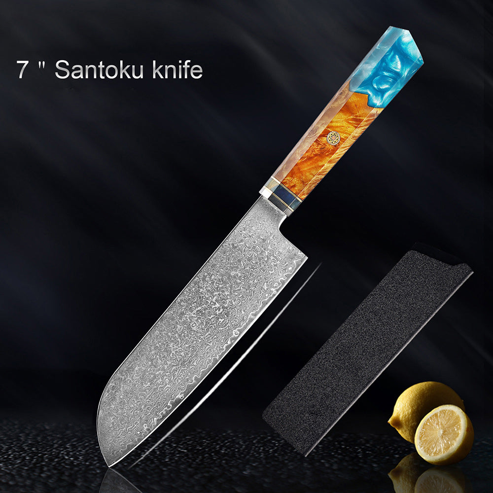 shāpu シャープ  Japanese Damascus Steel Knife With Blue Resin Handle