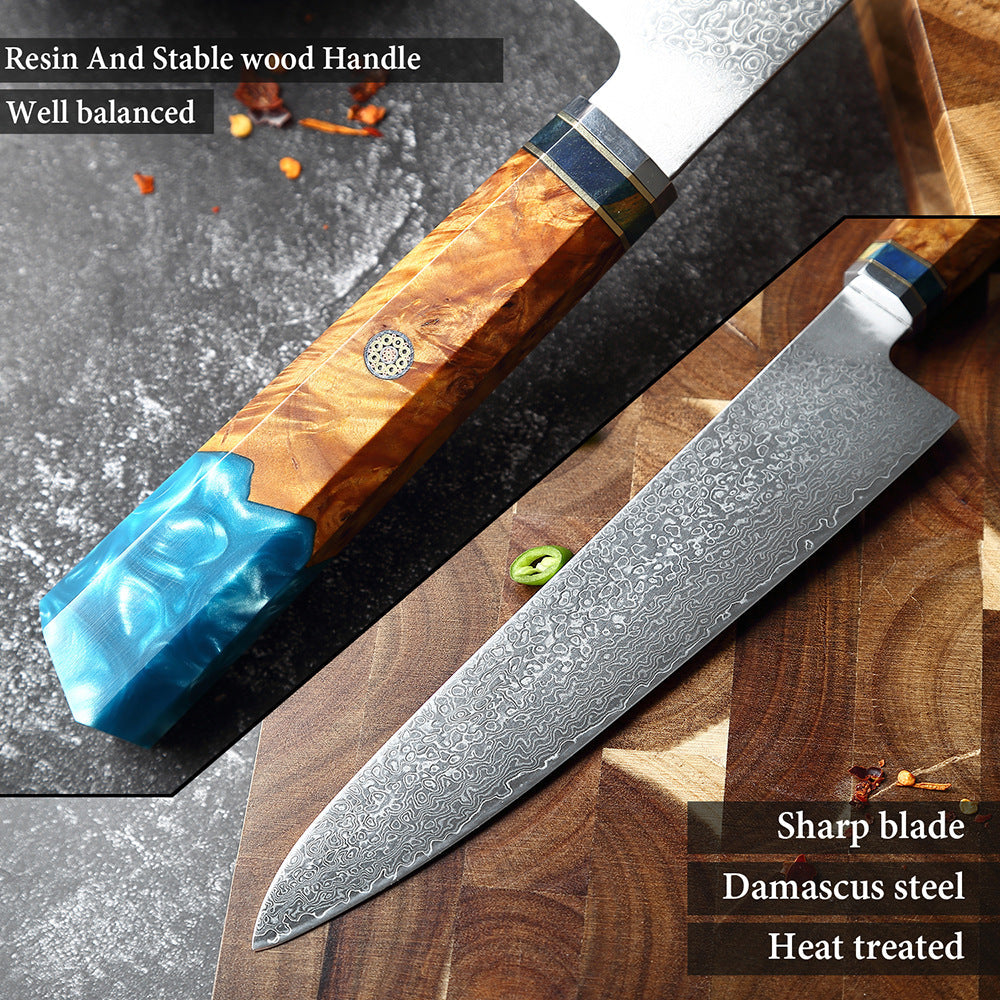 shāpu シャープ  Japanese Damascus Steel Knife With Blue Resin Handle