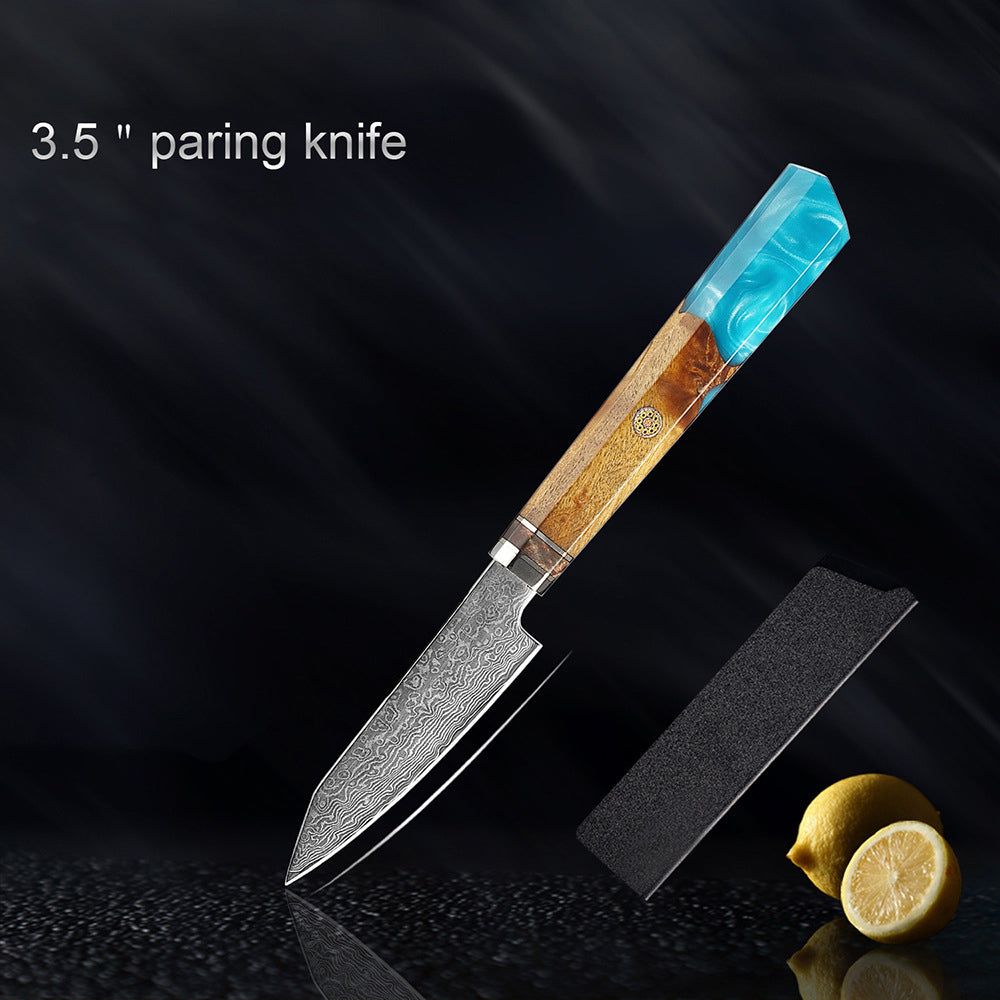shāpu シャープ  Japanese Damascus Steel Knife With Blue Resin Handle