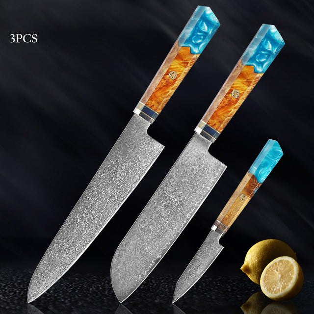 shāpu シャープ  Japanese Damascus Steel Knife With Blue Resin Handle