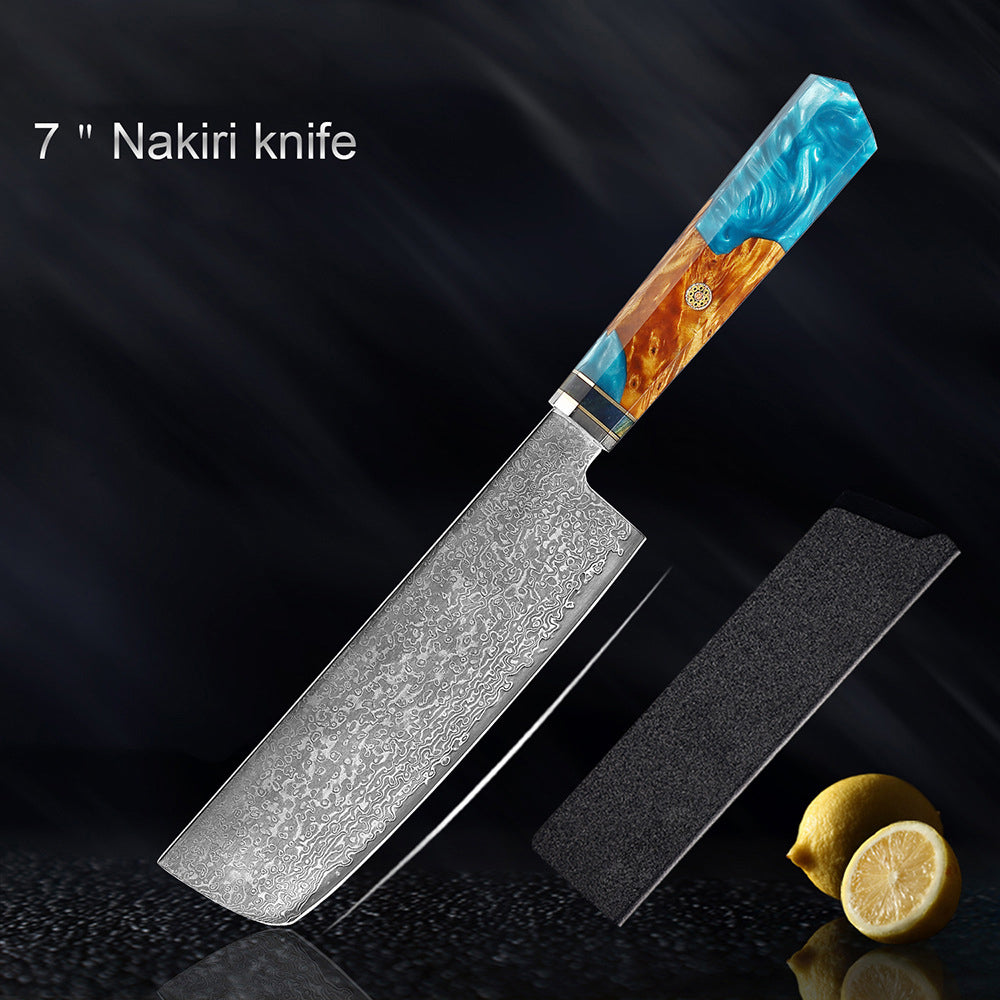 shāpu シャープ  Japanese Damascus Steel Knife With Blue Resin Handle
