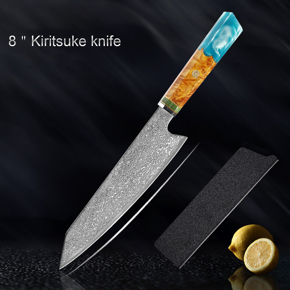 shāpu シャープ  Japanese Damascus Steel Knife With Blue Resin Handle