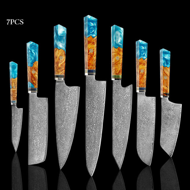 shāpu シャープ  Japanese Damascus Steel Knife With Blue Resin Handle