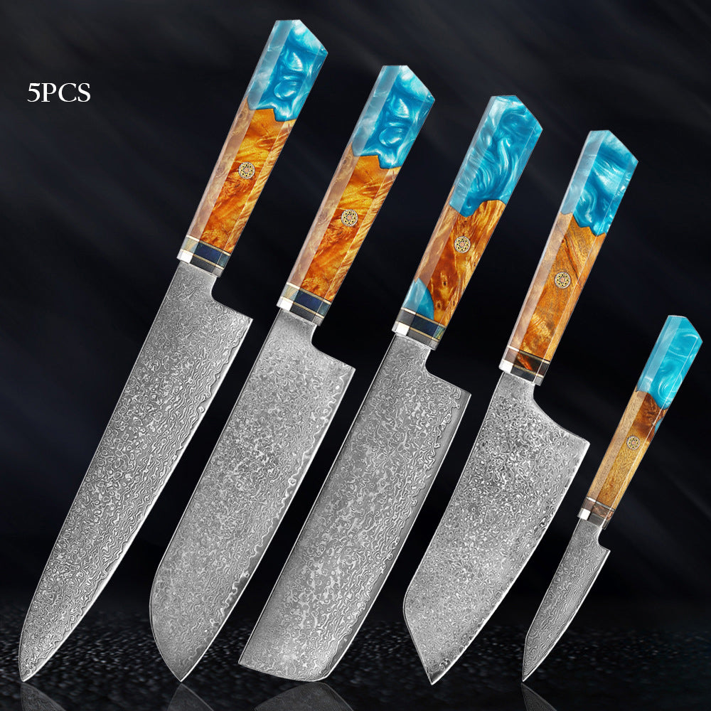 shāpu シャープ  Japanese Damascus Steel Knife With Blue Resin Handle