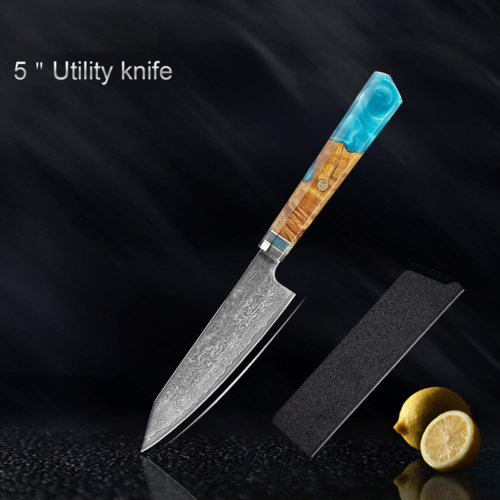 shāpu シャープ  Japanese Damascus Steel Knife With Blue Resin Handle