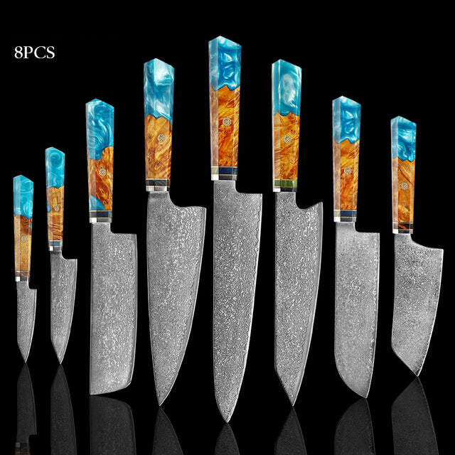 shāpu シャープ  Japanese Damascus Steel Knife With Blue Resin Handle