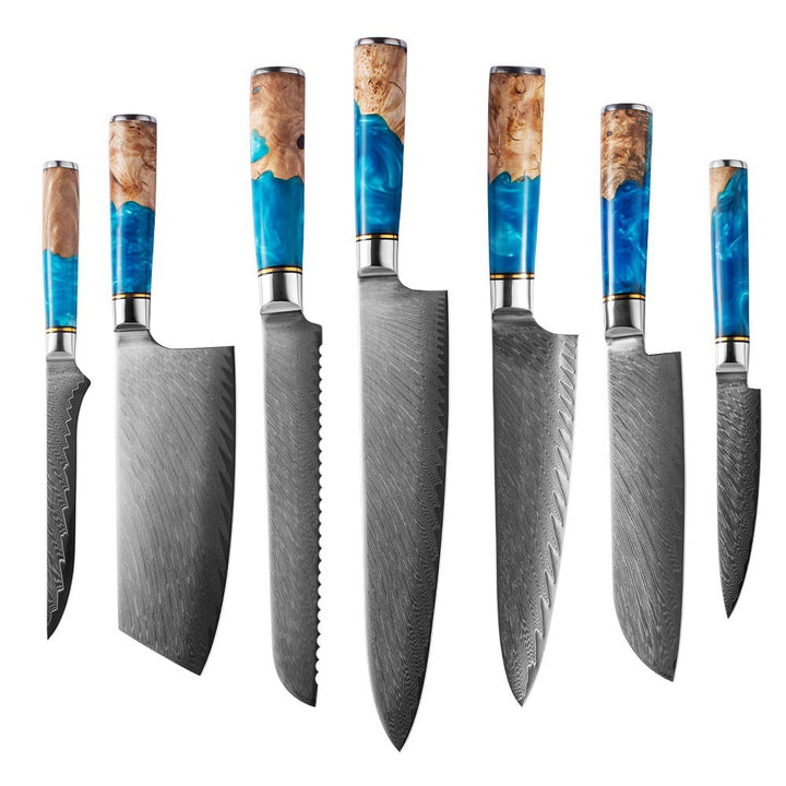 shāpu シャープ  Japanese Knives Damascus Steel Kitchen Knife Colored Resin Handle Block