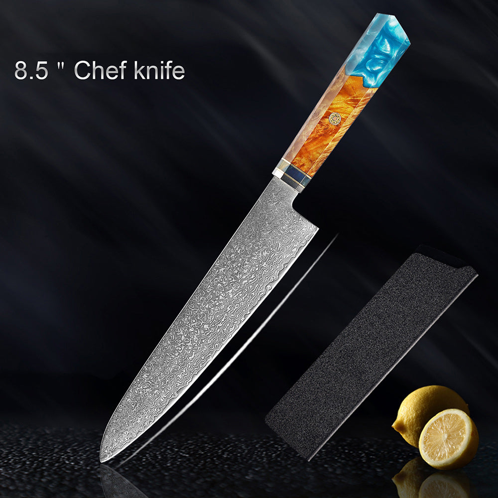shāpu シャープ  Japanese Damascus Steel Knife With Blue Resin Handle