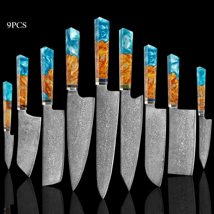 shāpu シャープ  Japanese Damascus Steel Knife With Blue Resin Handle
