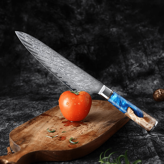 shāpu シャープ  Japanese Damascus Steel Knife with Coloured Blue Handle